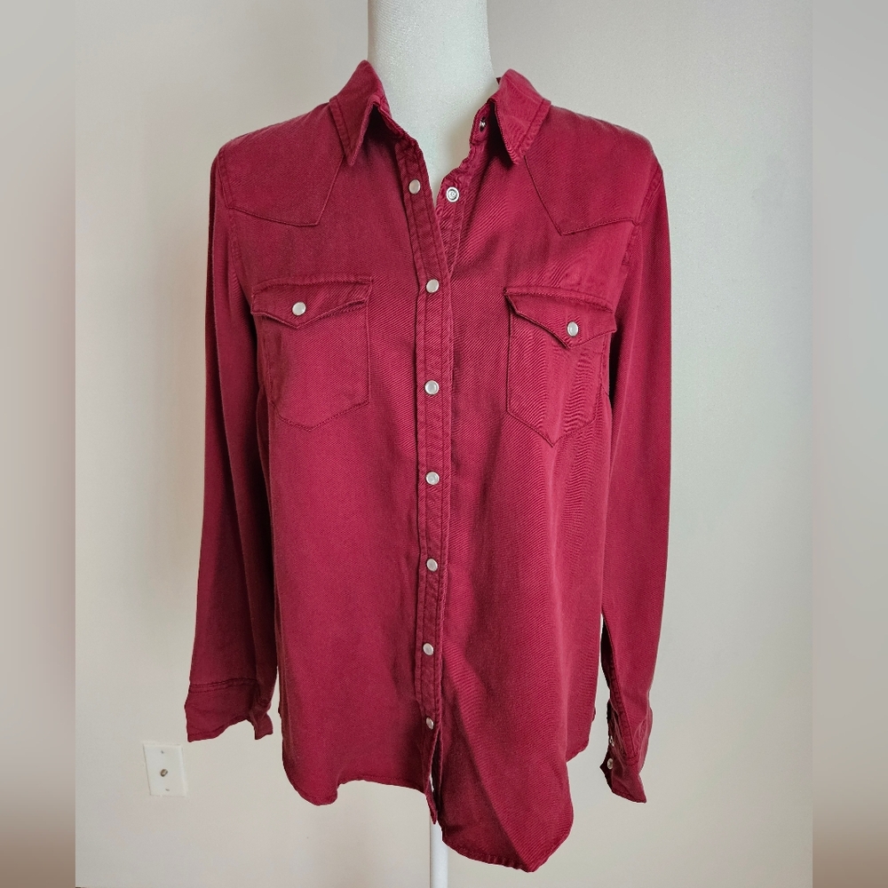 Lily & Lottie LG Pearl Snap Shirt Dk Red Tencel Cowgirl Western Rodeo Ranch